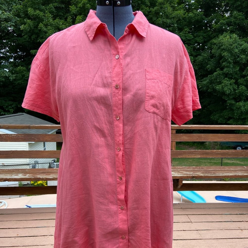Eileen Fisher Shirt Dress, Salmon Pink, asymmetrical Irish linen, med